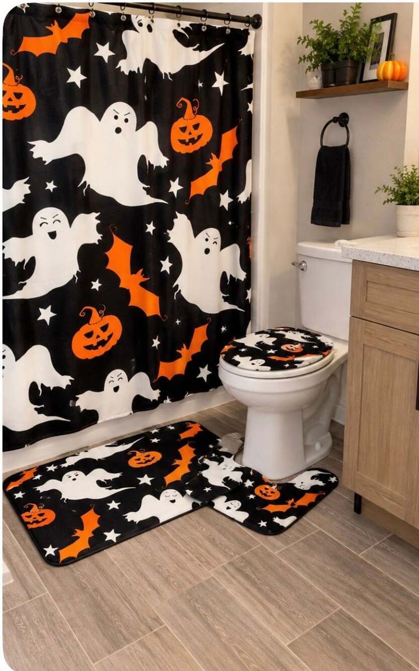 Halloween Bathroom Set Fabric Shower Curtain 70x 71in Bath Mat, Toilet Mat Toile
